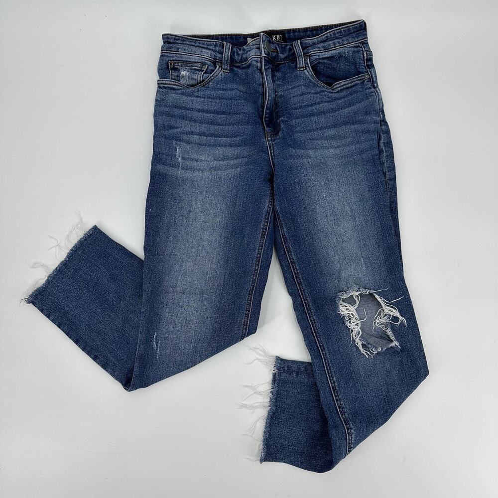 Kut From The Cloth Straight Distressed Raw Hem Jeans WMNS 4 Medium Wash Cotton